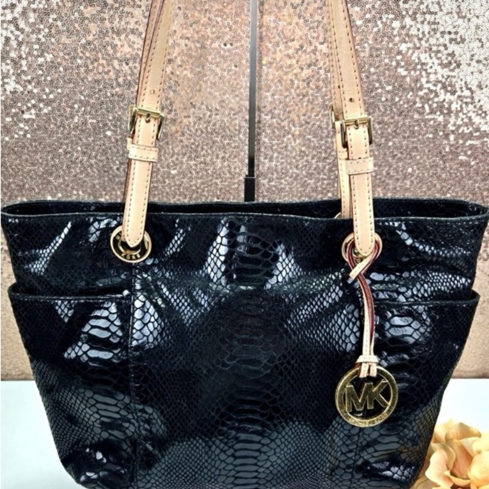 Michael Kors stunning shimmering black soft textured vegan leather, tote & charm